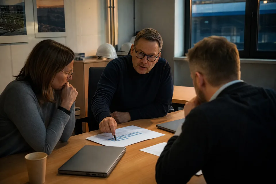 Dyrektor finansowy omawia wydruk wykresu z zespołem