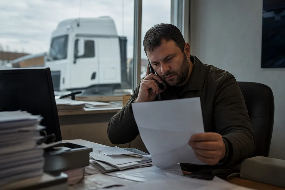 Właściciel firmy transportowej dzwoni do kontrahenta z fakturą w ręce