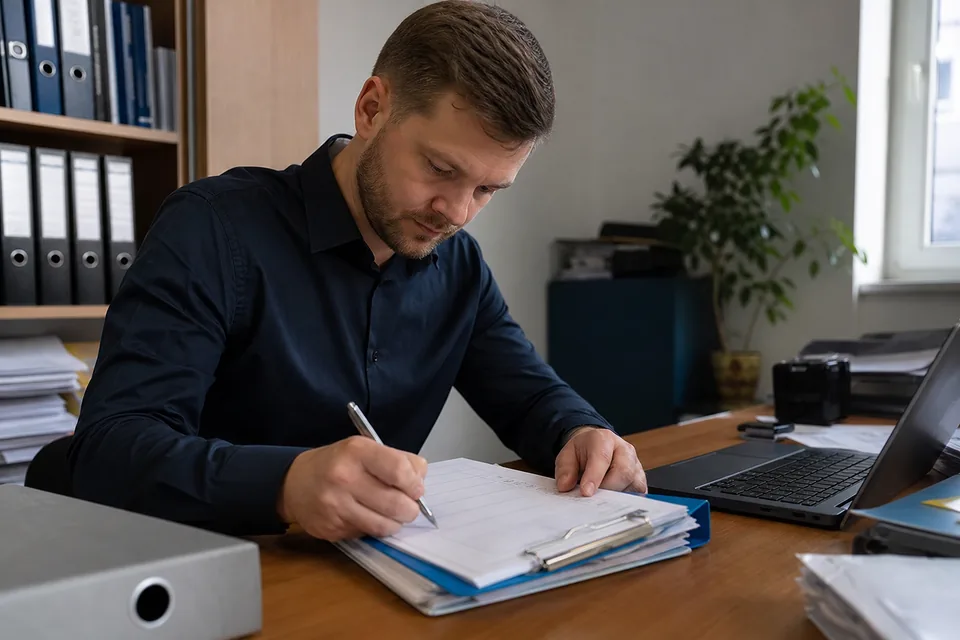Księgowy odhacza listę kontrolną weryfikacji nowego dostawcy przy segregatorze
